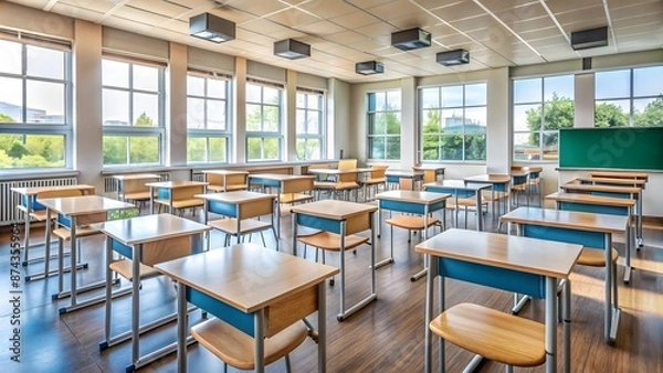 Fototapeta Empty Classroom. Back to school  interior with Chairs and Desks. Studying lessons in secondary education. generative ai