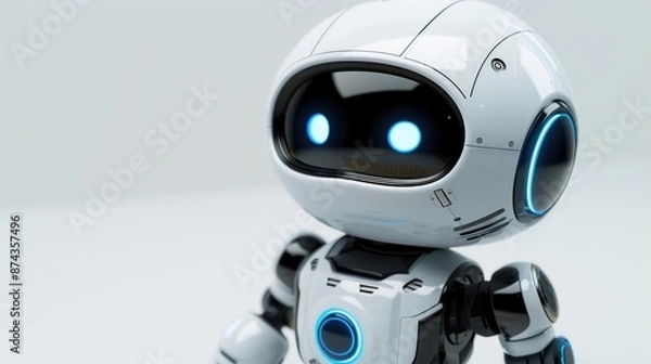 Fototapeta Close-up of a white robot with blue glowing eyes.