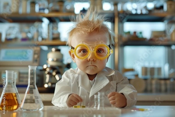 Obraz Baby working as a scientist, dressed in a lab coat and safety goggles, holding a test tube, standing in a laboratory, photorealistic still lives, ad posters