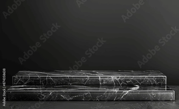 Fototapeta Black Marble Tabletop with White Line on Black Background for Product Display Montage, 3D Rendering Mockup Template