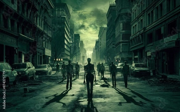 Fototapeta A zombie apocalypse scene in an abandoned city, with undead wandering the streets