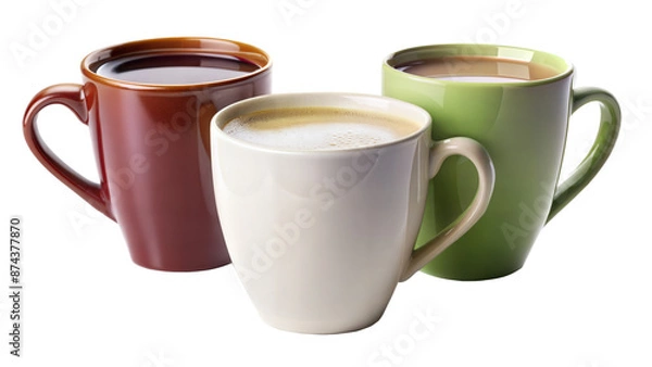 Fototapeta Three coffee cups of different colors sit on a transparent background