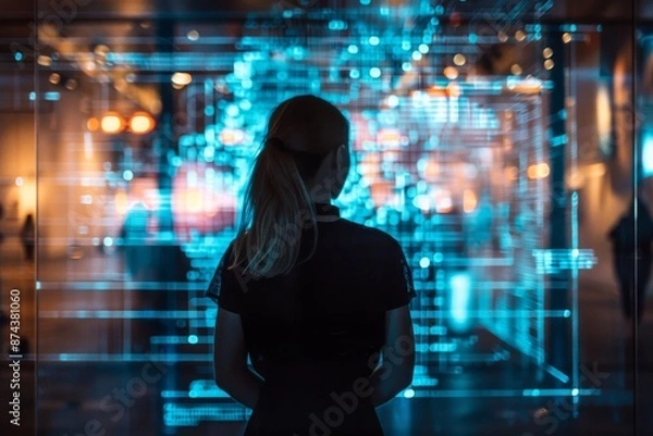 Fototapeta A woman stands in front of a glowing digital screen