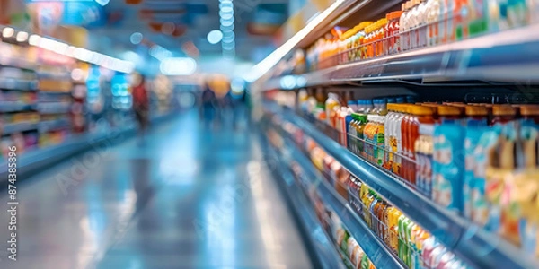 Fototapeta Supermarket aisle filled with rows of packaged goods blurred shoppers in the background, creating a sense of movement and abundance.