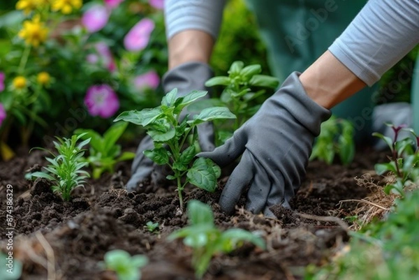 Obraz A person plants saplings in a garden bed, carefully adjusting the soil around the roots with gloved hands