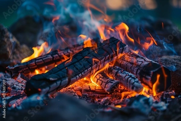 Fototapeta A pile of burning wood with a lot of smoke and fire. The fire is orange and yellow, and the smoke is black. Scene is warm and cozy, as if someone is sitting by the fire on a cold night