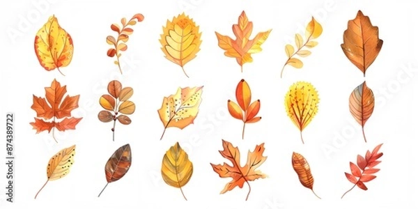 Obraz A collection of watercolor leaves in various sizes and shapes. The leaves are all different colors, with some being more vibrant than others