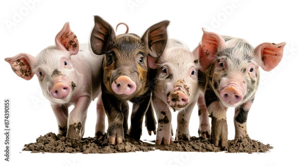 Fototapeta Four pigs are standing in a muddy field