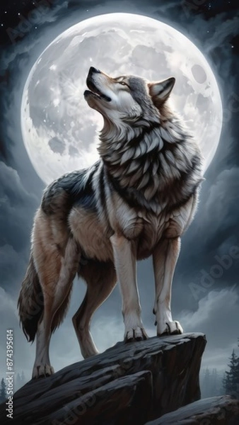 Fototapeta Illustration of a wolf roaring in the forest at night with a scary forest situation. The Barking Wolf. Wolf in the Forest. Howling at the Moon