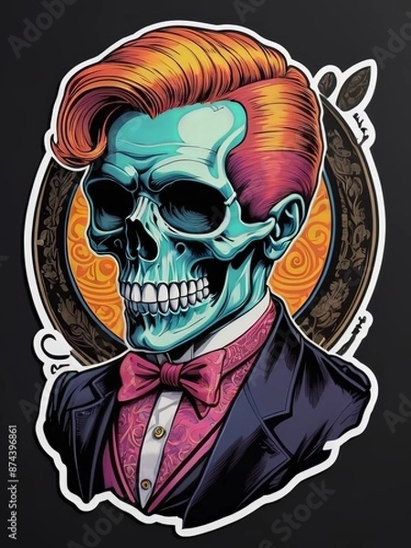 Obraz Colored Illustration of a Skull Head with a Macho Hairstyle. Tatto Artwork Design Template. Tatto Design. Hipster Skull