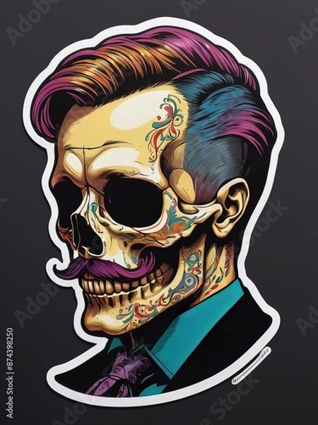 Obraz Colored Illustration of a Skull Head with a Macho Hairstyle. Tatto Artwork Design Template. Tatto Design. Hipster Skull