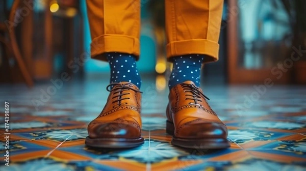Fototapeta A stylish individual showcases personality with mismatched socks at a formal gathering, celebrating uniqueness in attire culture.