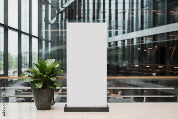 Fototapeta Blank white billboard stand or mupi mockup with plant in company lobby background
