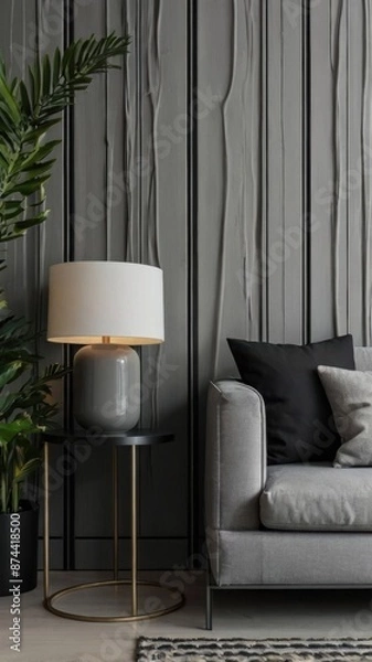 Obraz Grey wall panels and a black side table in minimalistic interior design composition.
