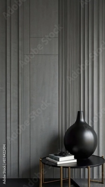 Obraz Grey wall panels and a black side table in minimalistic interior design composition.
