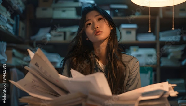 Obraz woman reading  paper work with little tense emotion on her face 