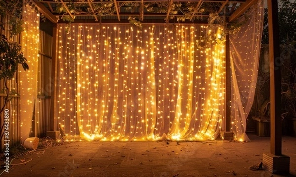 Obraz curtain lights and fairy light string on an outdoor wedding stage with warm, romantic ambiance, creating a cozy vibe with wooden structures and white gauze curtains