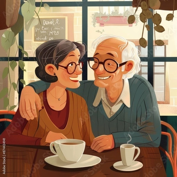 Obraz A charming illustration of an elderly couple sitting in a cozy cafe, enjoying coffee and each other's company, with warm smiles and glasses
