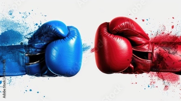 Fototapeta Close-up of red and blue boxing gloves facing off, symbolizing competition, conflict, and sportsmanship in boxing