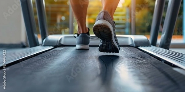 Fototapeta Mans feet running on a treadmill in a gym or at home. Concept Fitness, Exercise, Running, Treadmill, Lifestyle