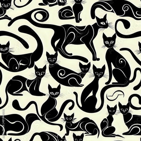 Fototapeta Playful and Dynamic Black Cat Motif for Fabric and Wallpaper