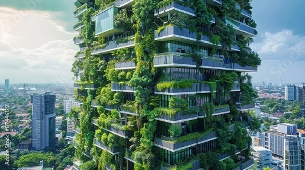 Fototapeta Eco-conscious skyscraper with vertical forest and renewable energy installations, vibrant green urban environment, no people, focus cover all object, deep dept of field