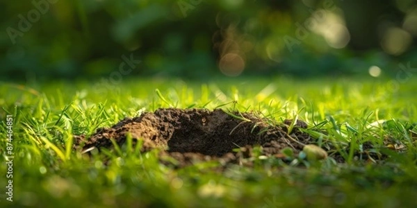 Fototapeta A freshly dug hole in a vibrant green lawn, with sunlight highlighting the surrounding grass and creating a natural setting.