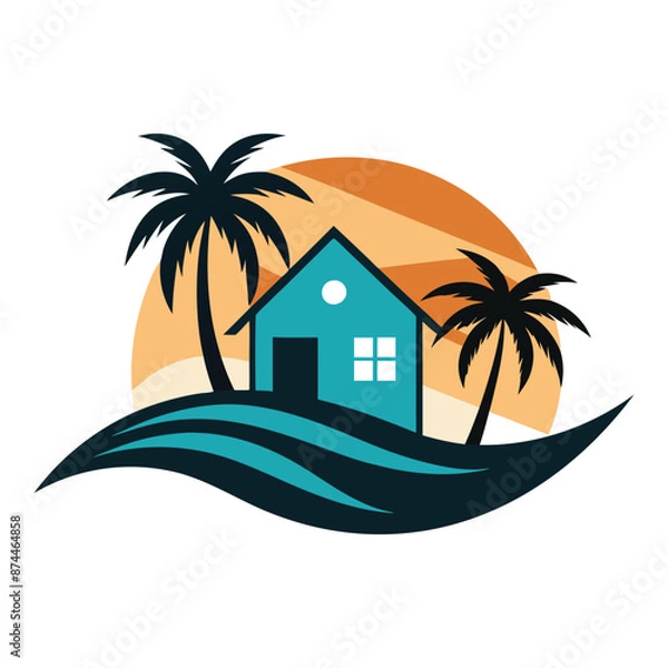 Fototapeta vector logo for a real estate company specializing in coastal properties. Feature a beach house with palm trees and waves