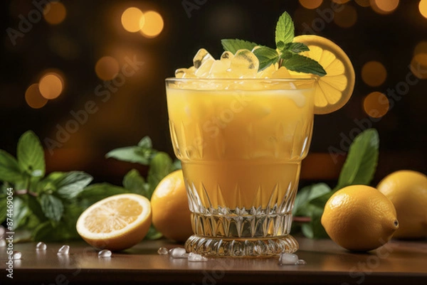 Fototapeta Refreshing lemon cocktail with mint garnish and ice