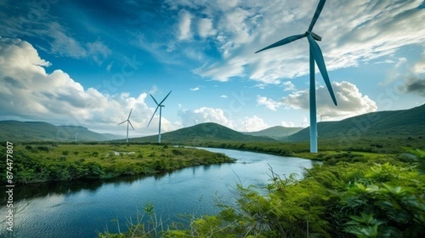 Obraz Majestic wind turbines on a serene river, surrounded by lush greenery and rolling hills, blue sky with fluffy clouds, sustainable energy concept
