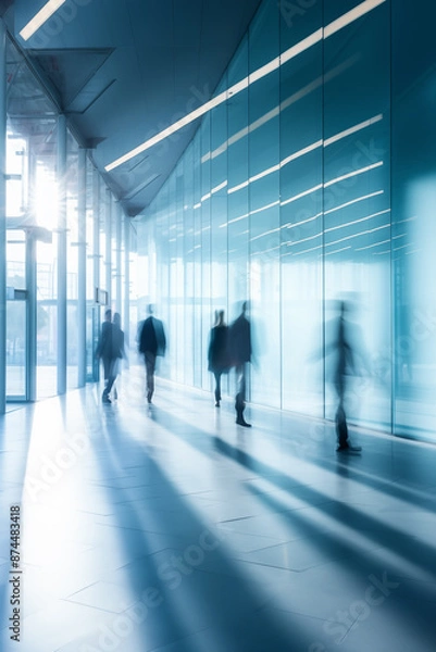 Obraz Motion blur Business employees walking in modern business office corridor