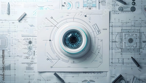 Obraz an camera 3d drawing on a white paper 