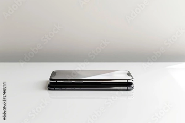 Fototapeta two smartphones side by side on a clean white surface, symbolizing the seamless integration of technology into everyday life 