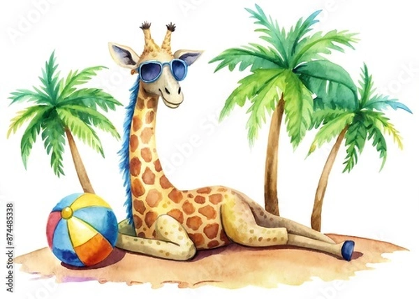 Fototapeta A laid-back giraffe wears trendy shades, relaxing on a sunny tropical beach next to a colorful beach ball, surrounded by swaying palm trees.
