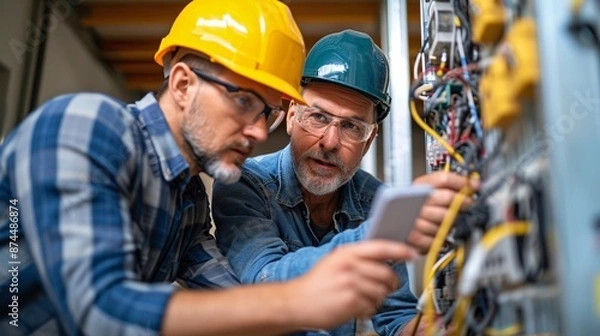 Fototapeta Experienced electrician instructing a young apprentice on safety measures in a workshop, showcasing a common practice in the skilled trades.