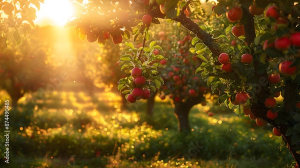 Fototapeta Golden Hour in the Apple Orchard - Sunlight Filtering Through Trees