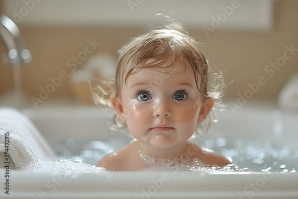 Obraz Delicate newborn's first bath moment.