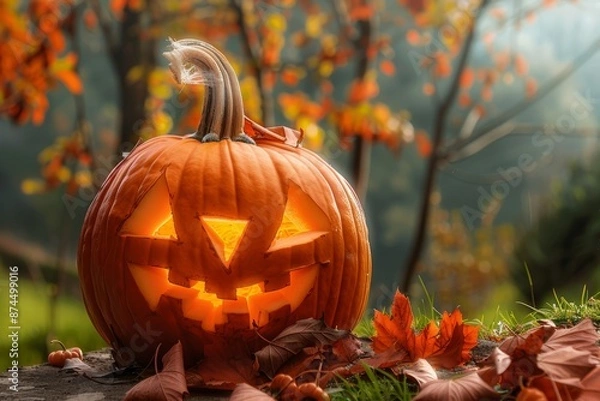 Obraz Halloween Background with Pumpkins. Halloween-themed background with glowing jack-o'-lanterns