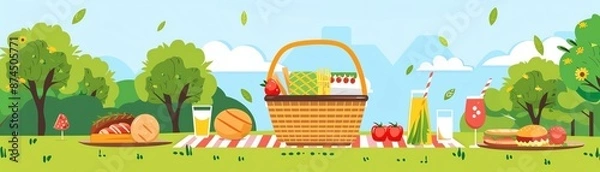 Fototapeta Picnic basket on a blanket with food and drinks in a green park setting.