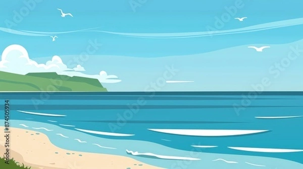 Fototapeta Calm ocean waves crashing on a sandy beach with green hills in the distance.