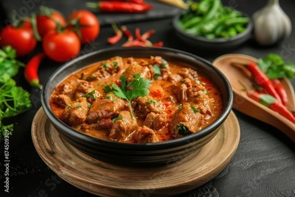 Fototapeta The rich and diverse flavors of Thai food from Massaman Curry create a dynamic explosion with copy space