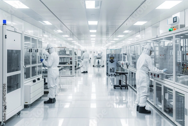 Fototapeta Technicians in protective Gear working in cleanroom laboratory