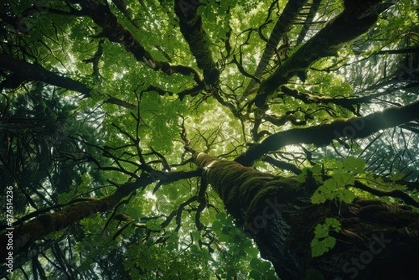 Fototapeta A majestic view of a lush forest canopy from below, showcasing towering trees with moss-covered branches and vibrant green leaves filtering sunlight.