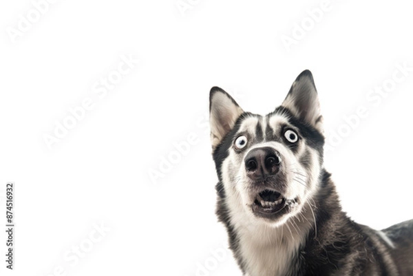 Fototapeta Extreme close up of funny shocked surprised husky dog with opened wide eyes on white background.
