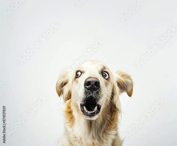 Fototapeta Extreme close up of funny shocked surprised labrador dog with opened wide eyes on white background.