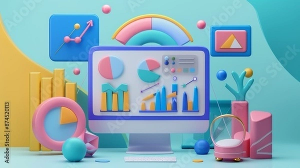Fototapeta 3D illustration for online marketing concept. Icons like charts, graphs, and computer display for market research and business promotions. A vector illustration for modern web designs.