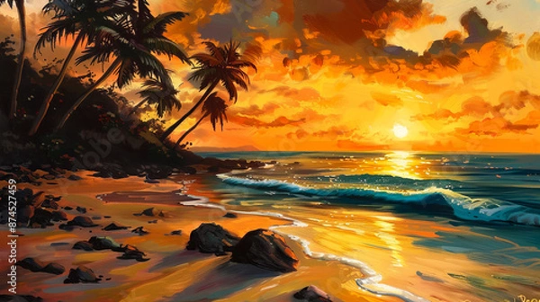 Fototapeta Stunning tropical beach sunset with palm trees and ocean waves, vibrant sky and serene shoreline, perfect for travel and nature lovers