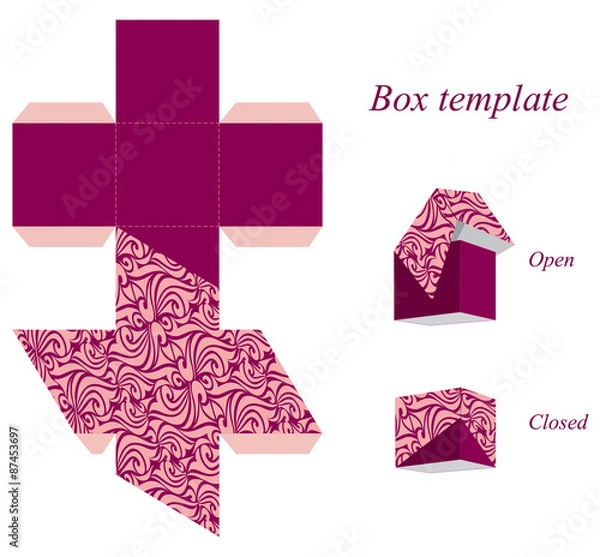 Fototapeta Square box template with lid and seamless pattern