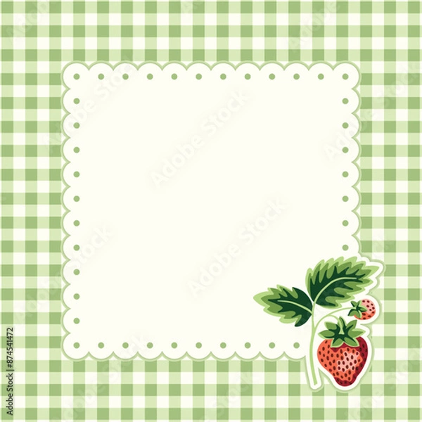 Obraz Cottage Core Garden Strawberry and Gingham Square Vector Frame. Vintage Invitation Design With Nostalgic Retro Design. Fresh Summer Fruit Background