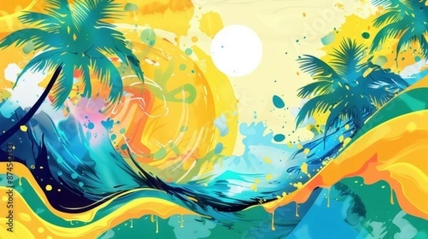 Fototapeta Abstract illustration of summer, featuring bright splashes of yellow, blue, and green with sun shapes, waves, and palm tree silhouettes blending together.